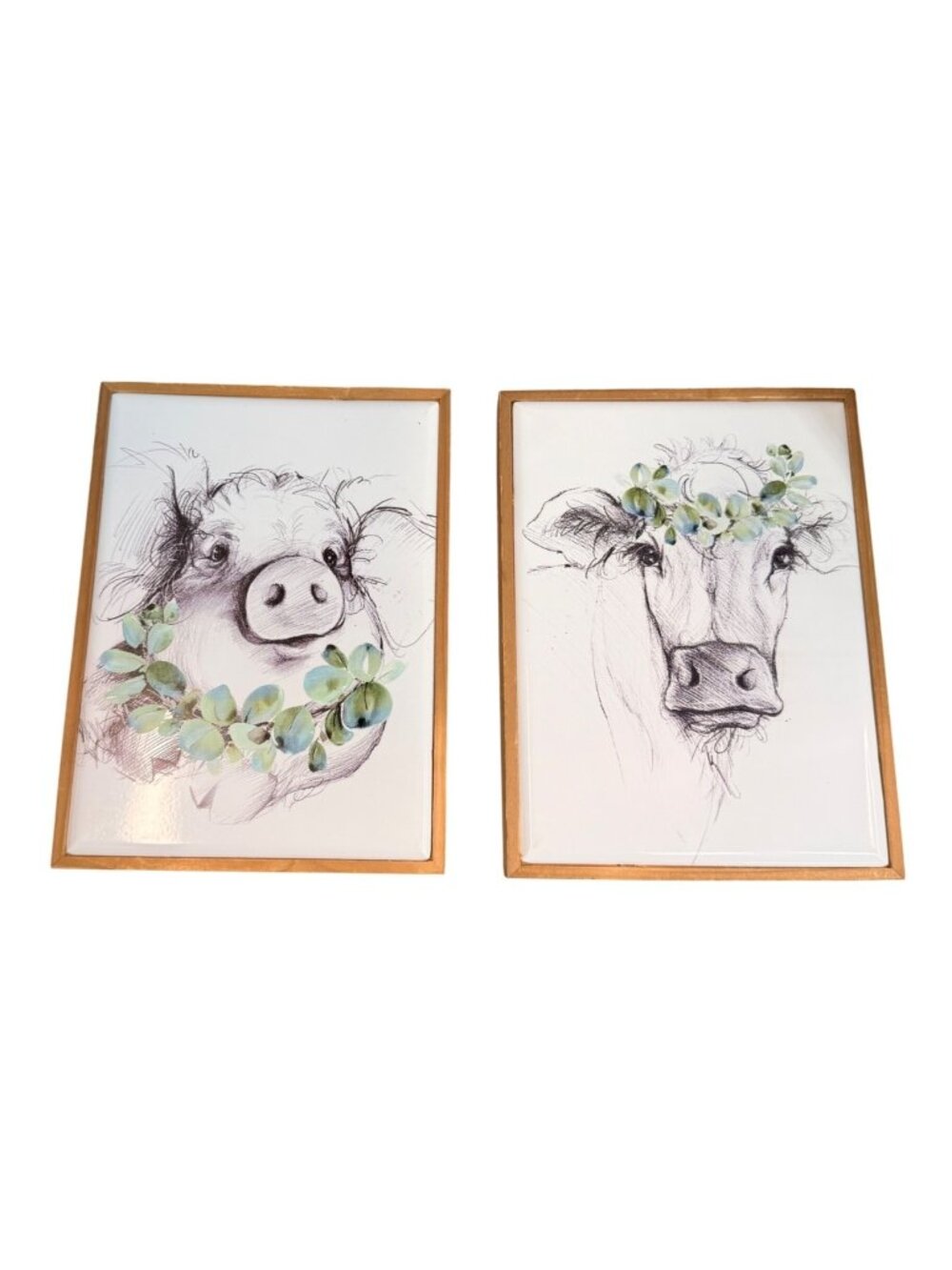Set of 2 Metal Cow & Pig Framed Wall Art Country Rustic Farmhouse Decor Sketches